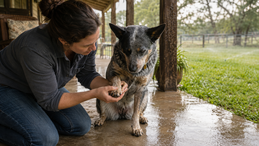 Owner checking a cattle dog’s paw after time in wet grass