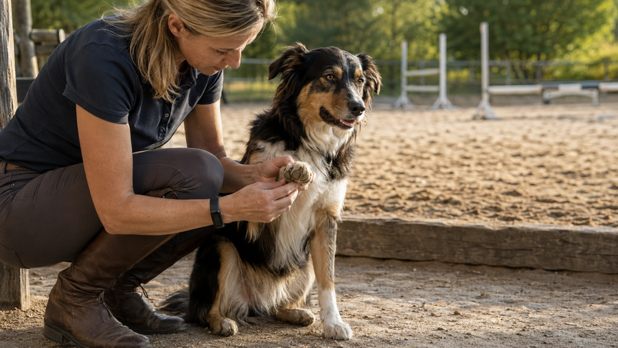 Owner checking a dog’s paw pad beside a sand arena