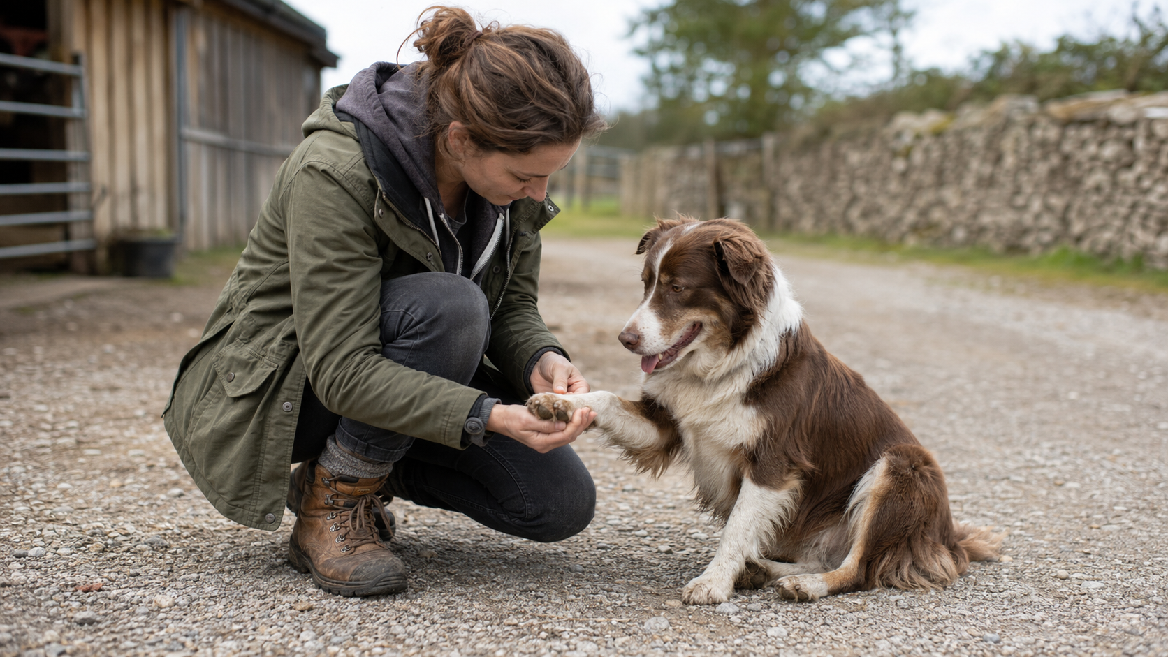Owner checking a dog's paw pads after walking on gravel