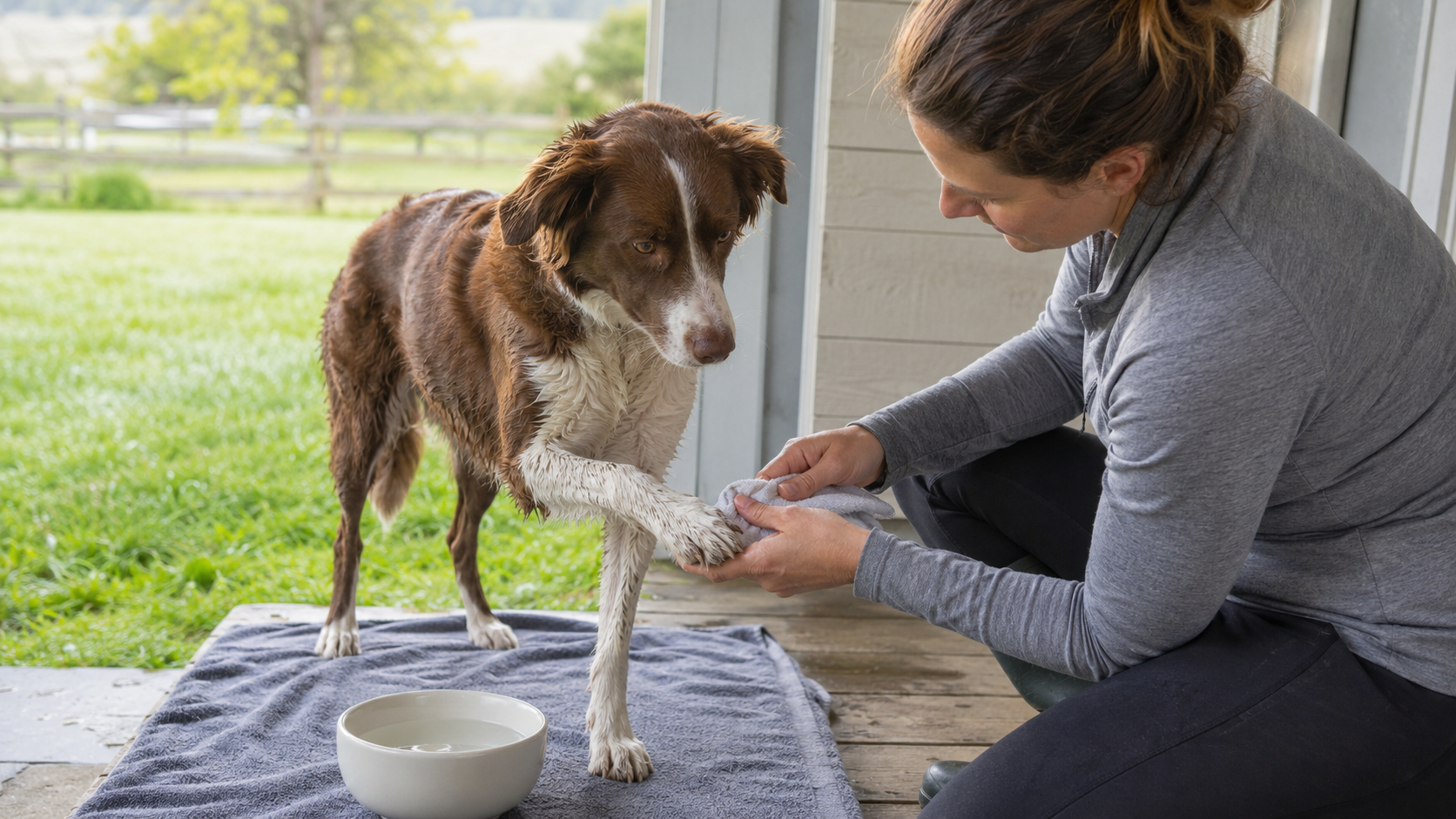 Owner drying and checking a dog's paw after walking through wet grass