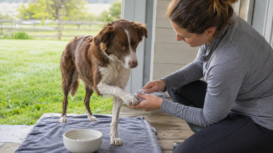Owner drying and checking a dog's paw after walking through wet grass