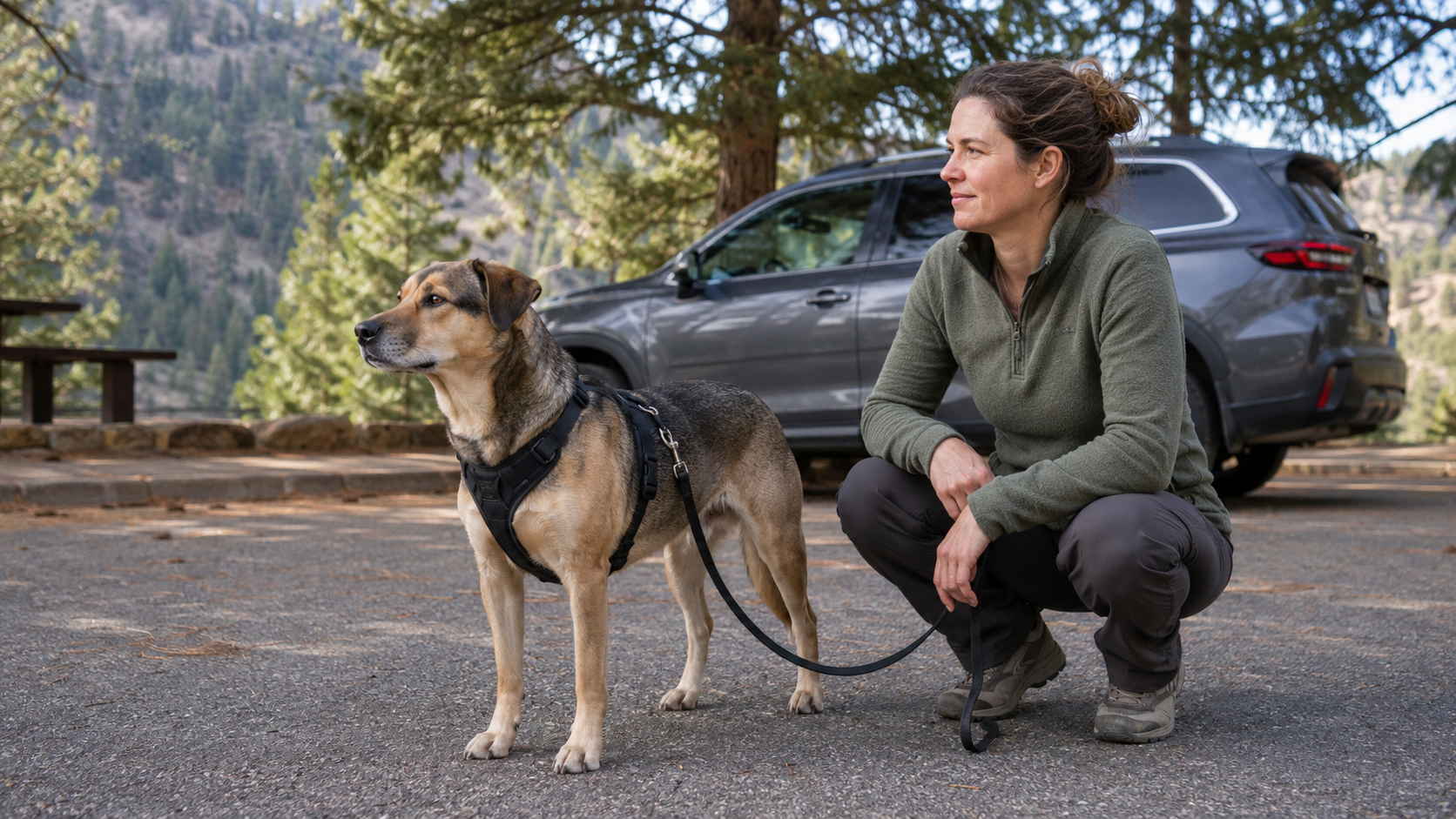 Owner calmly helping a harnessed dog settle beside a parked vehicle after travel