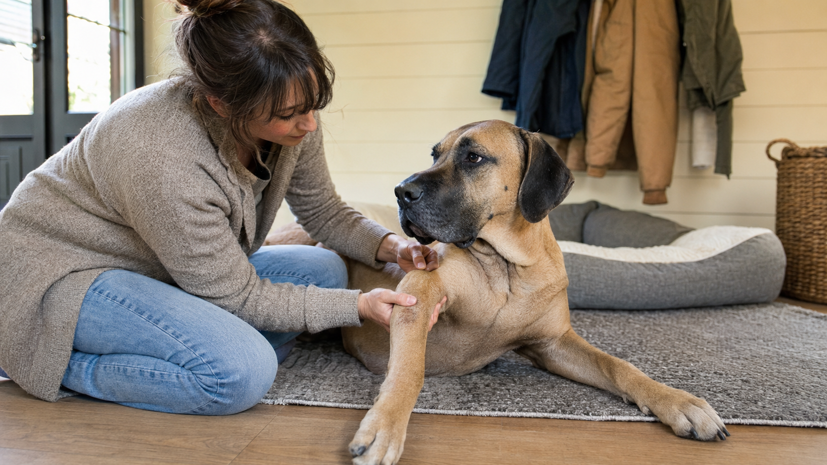 Owner checking a dog's elbow while the dog rests on a rug over a hard floor