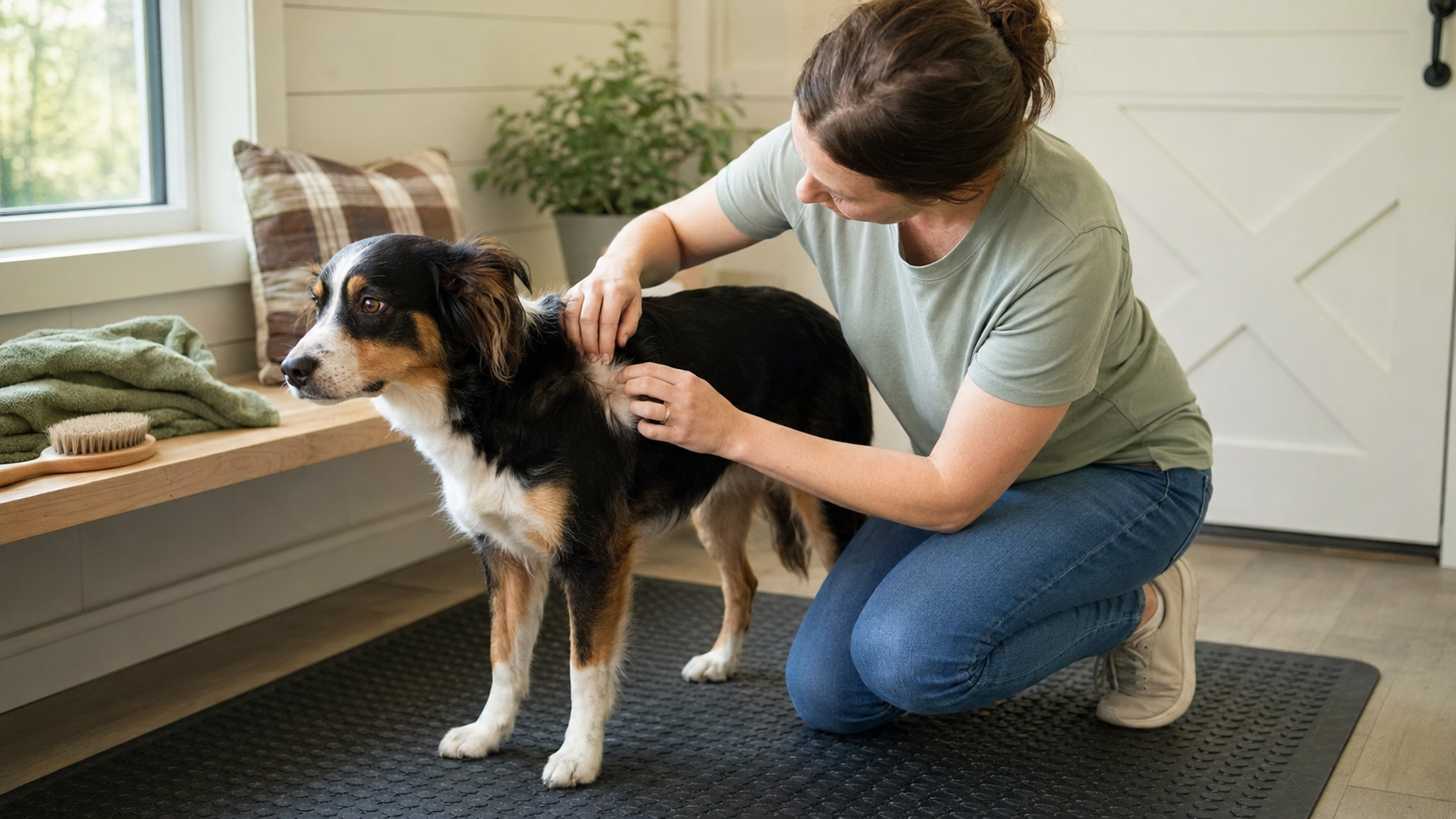 Owner parting a dog's coat to check the skin after grooming