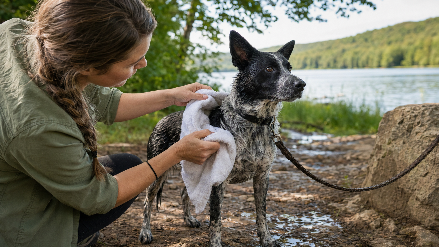 Owner drying and checking a dog’s coat after lake water and mud