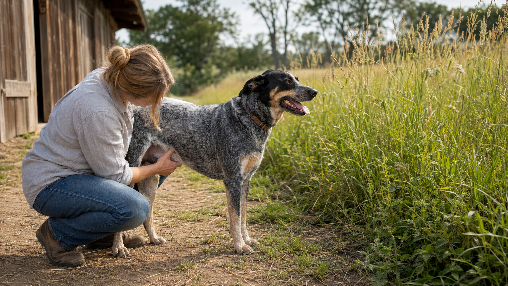 Owner checking a dog's skin after walking through tall grass