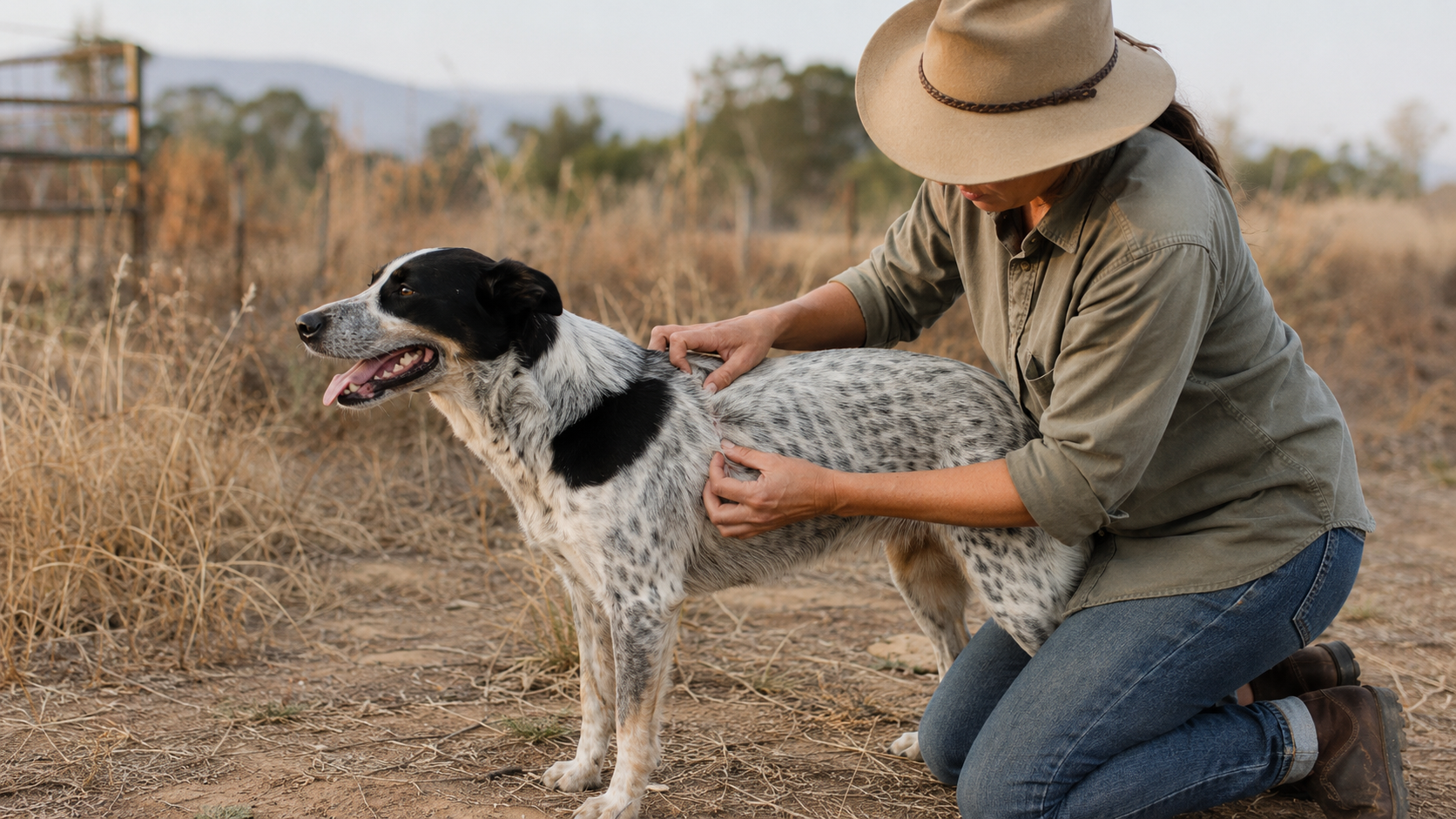 Owner checking a dog's skin after time in dust and dry weeds