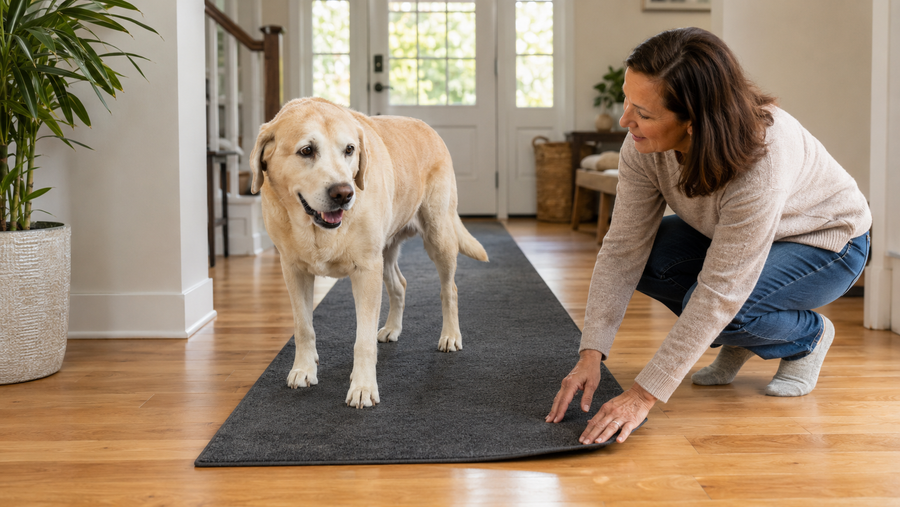 Owner securing a nonslip runner while an older Labrador stands safely on hardwood flooring