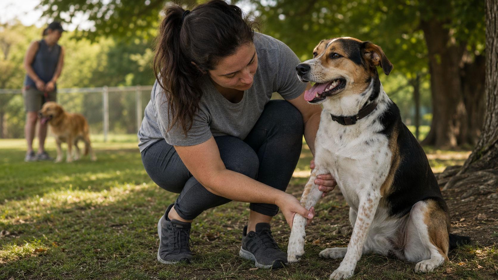 Owner checking a dog’s front leg and paw after play