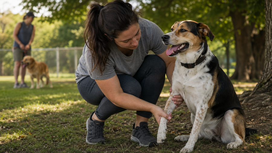 Owner checking a dog’s front leg and paw after play