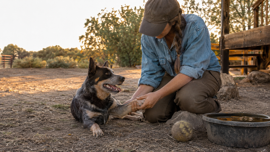 Owner checking a dog's front leg and paw after hard play