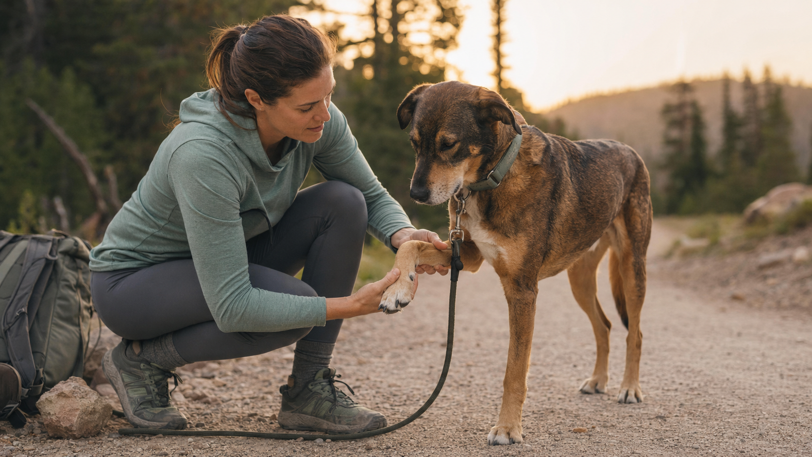 Owner checking a dog’s front paw and lower leg after a hike