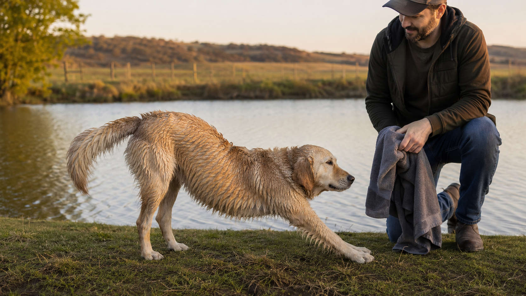 Wet dog stretching after swimming while owner watches its movement