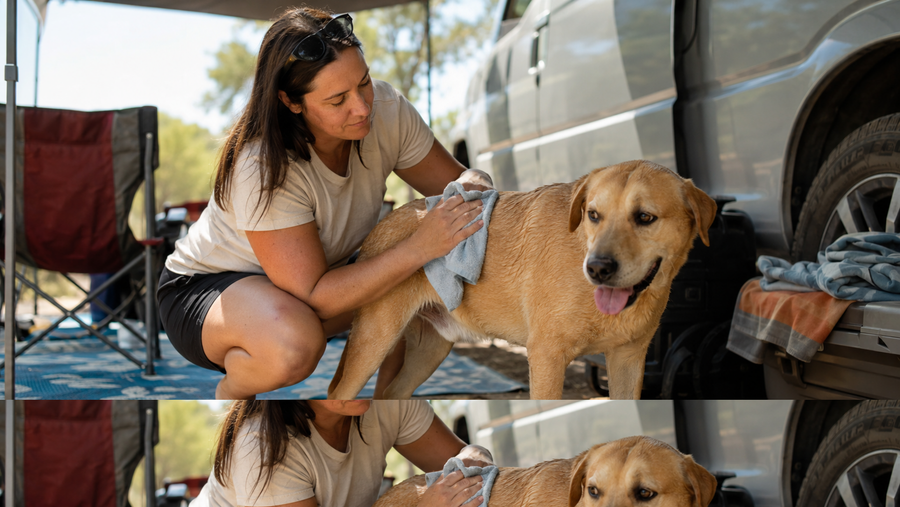 Owner wiping a dog’s coat with a damp towel after a summer event