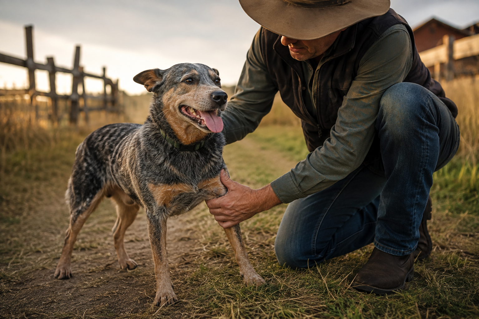Owner checking an active ranch dog's shoulder and front leg after fetch