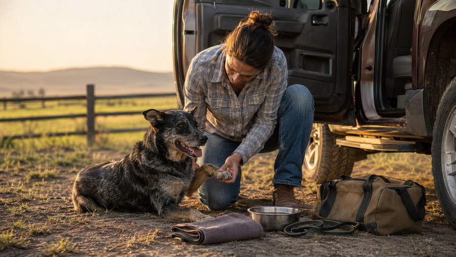 Owner checking a dog's paw before a summer road trip