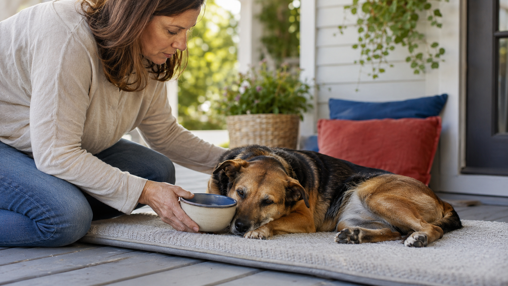 Owner offering water to a tired dog the morning after July Fourth