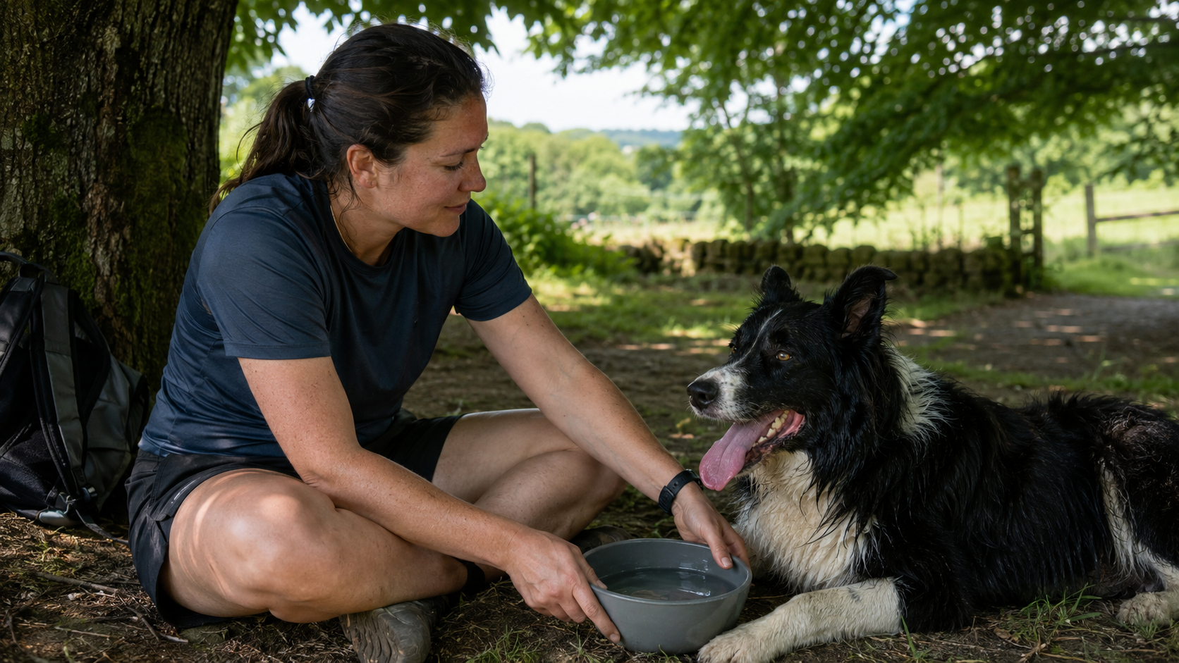 Owner offering water to a dog resting in shade after humid exercise