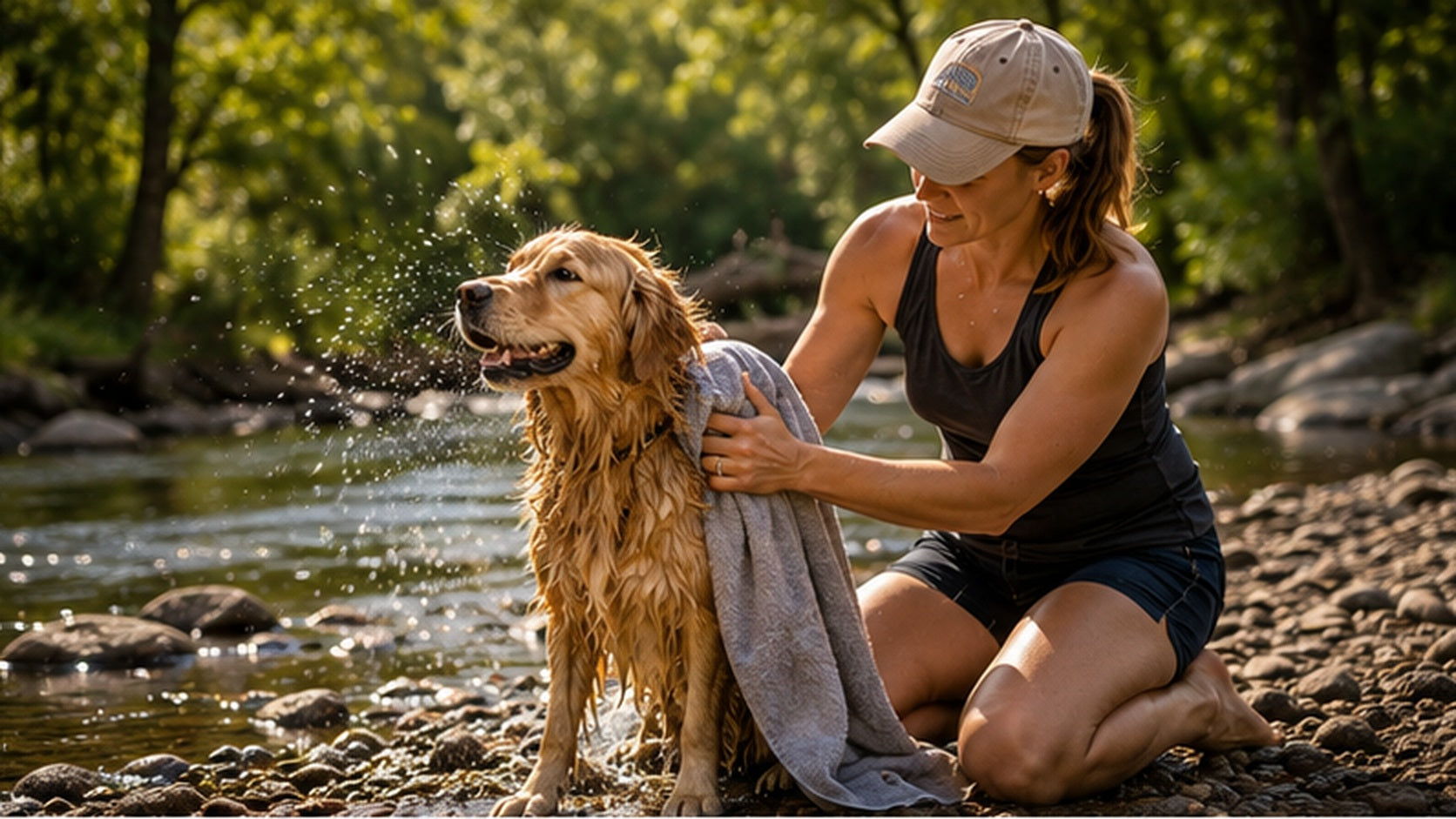 Dog owner towel drying a wet golden retriever beside a creek after swimming