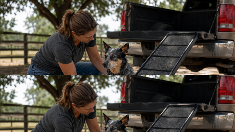 Owner checking a dog's front leg beside a truck ramp