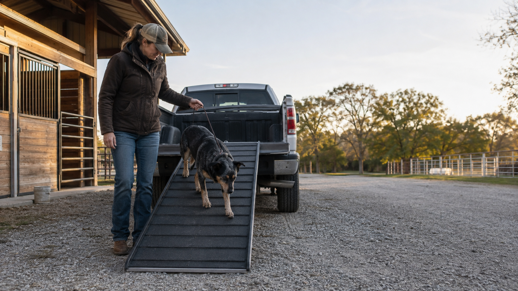 Handler guiding a ranch dog down a non-slip ramp from a pickup tailgate