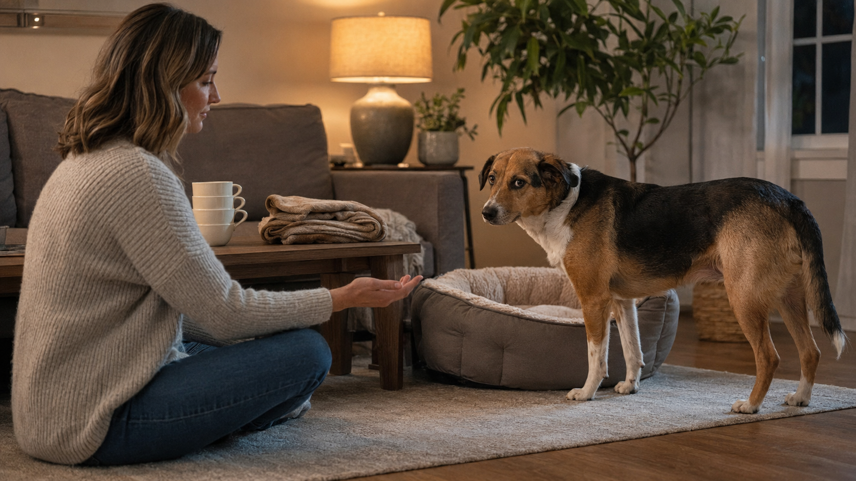 Owner calmly observing a dog that has not settled after guests leave