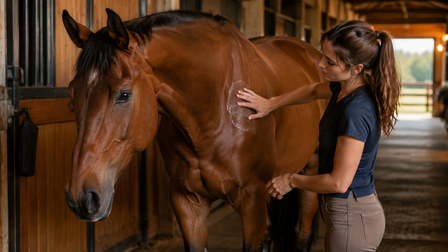 Rider applying clear gel to a horse's shoulder after work