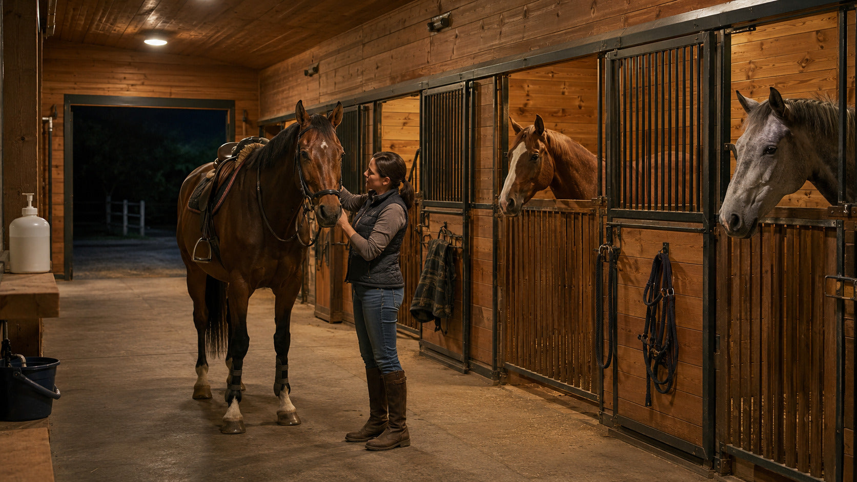 Handler checking horses in a busy multi-horse training barn