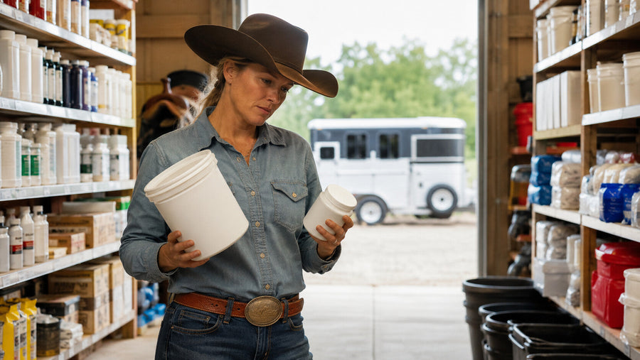 Rider checking a farm store shelf for an exact horse skin-care size