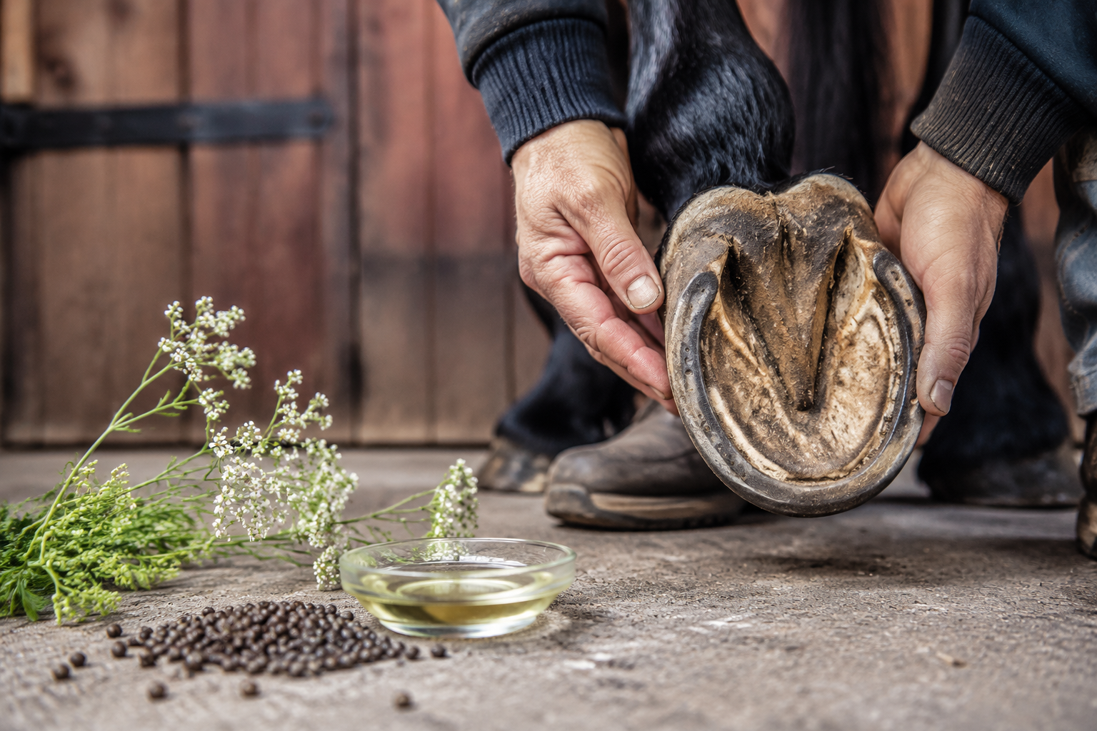 Abyssinian oil and seeds beside a routine horse hoof check