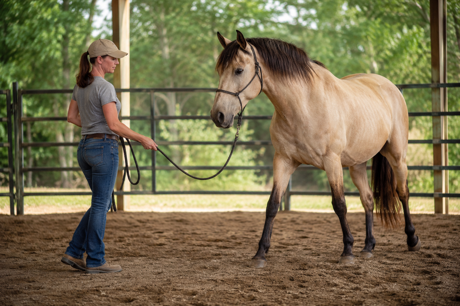 Handler practicing calm groundwork with an attentive horse