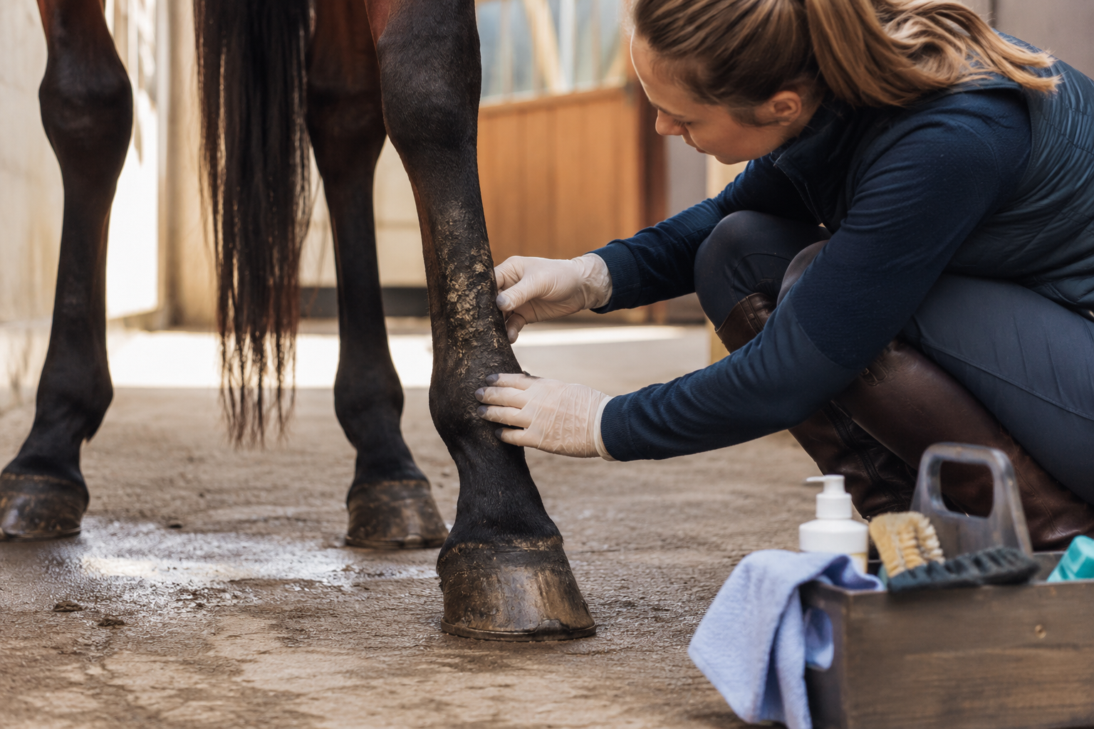 Rider inspecting a horse cannon area during routine grooming