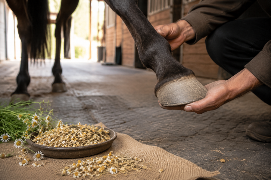 Chamomile flowers beside a horse hoof during a routine hoof check