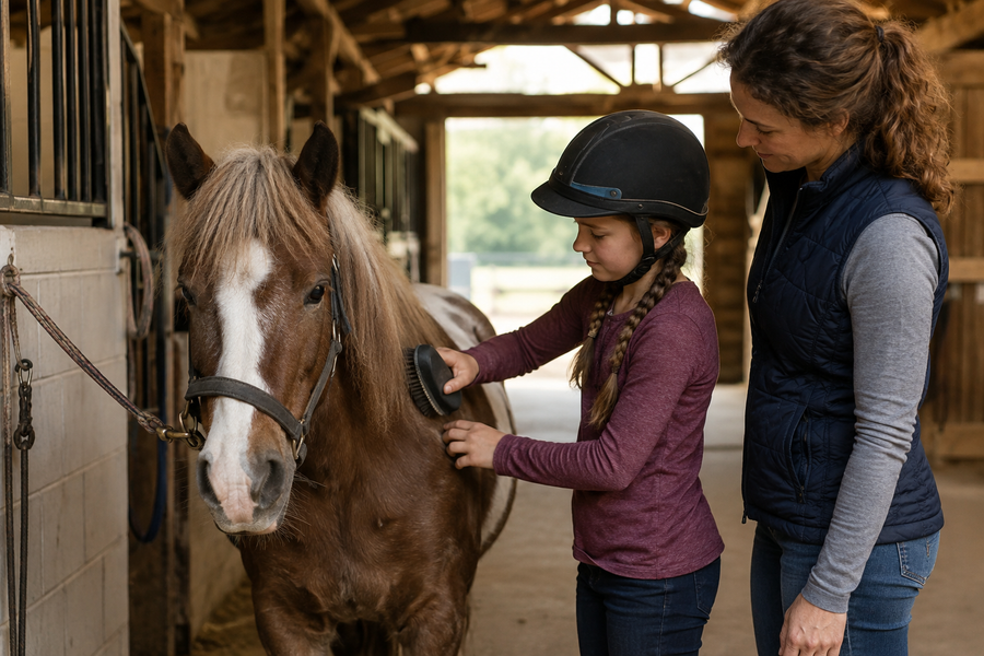 Child grooming a pony with adult supervision