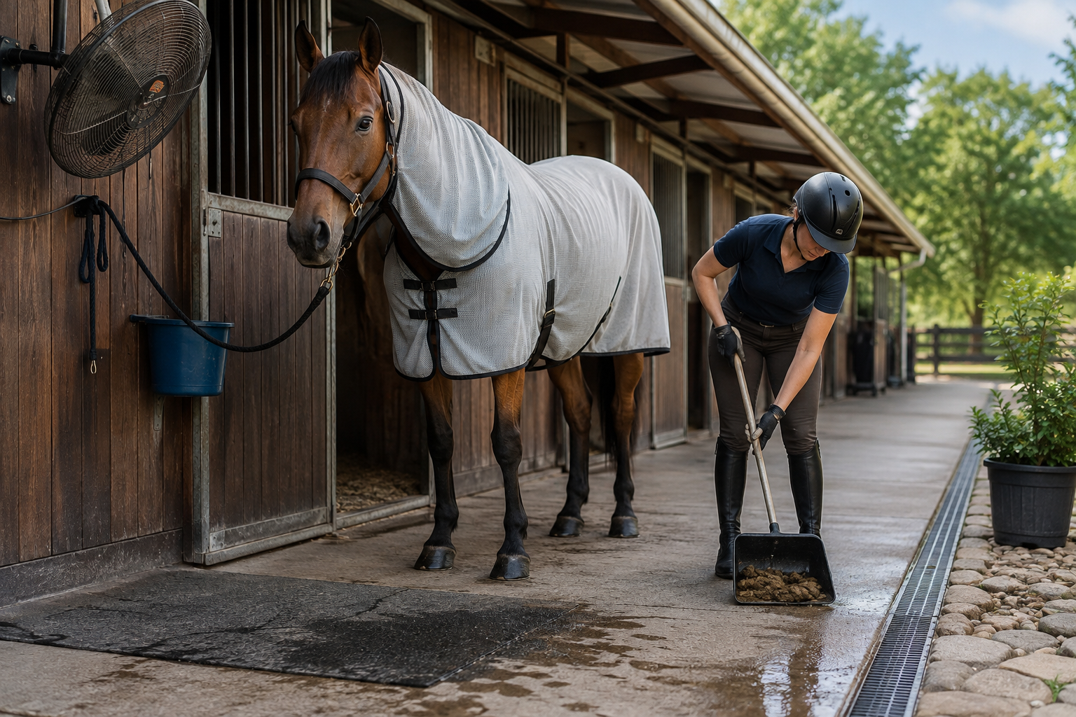 Rider cleaning a barn aisle beside a horse wearing a fly sheet
