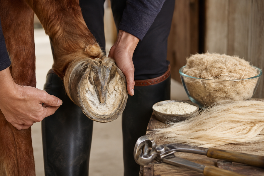 Rider checking a horse hoof beside keratin-rich fibers