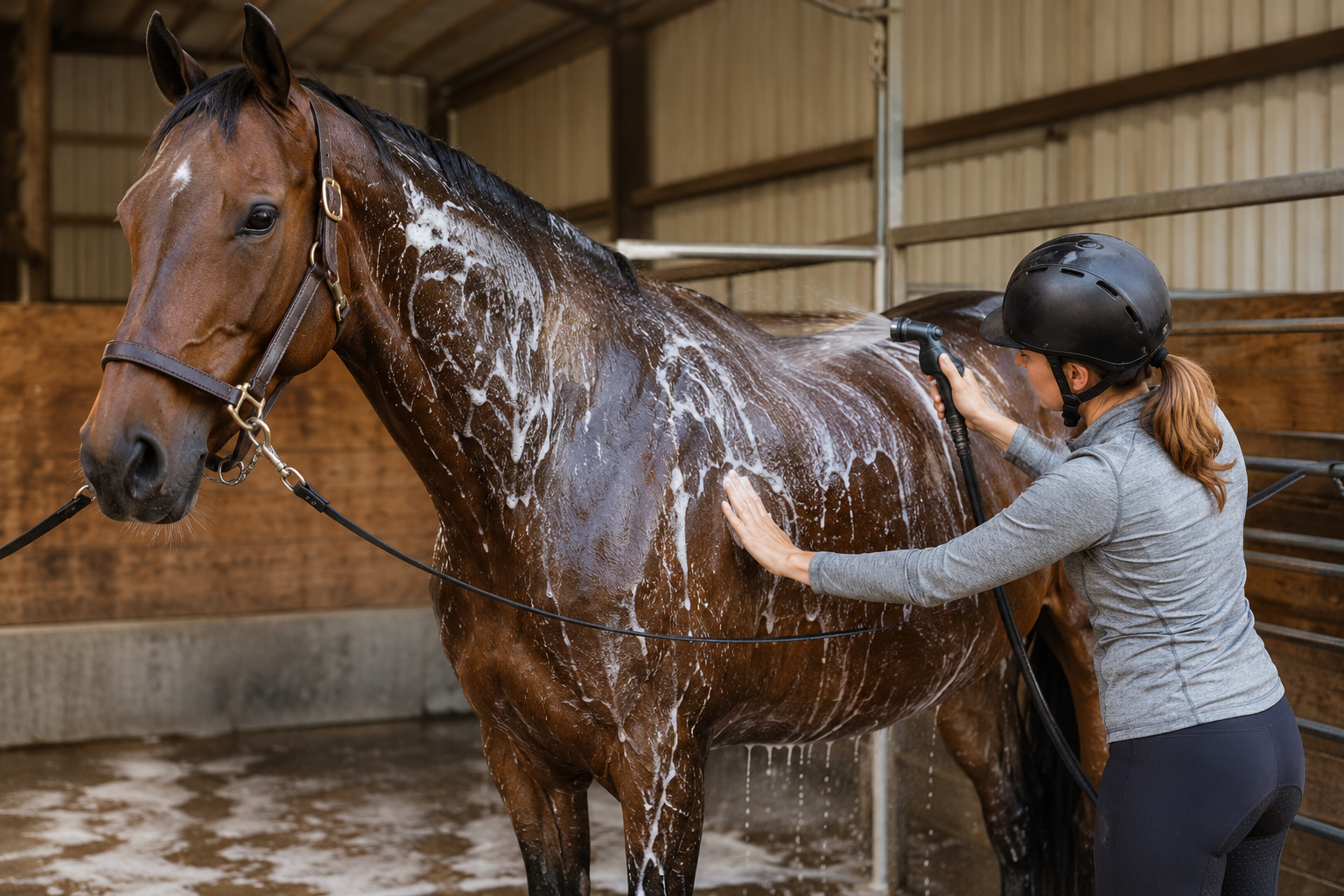 Rider bathing a horse with shampoo at a wash rack