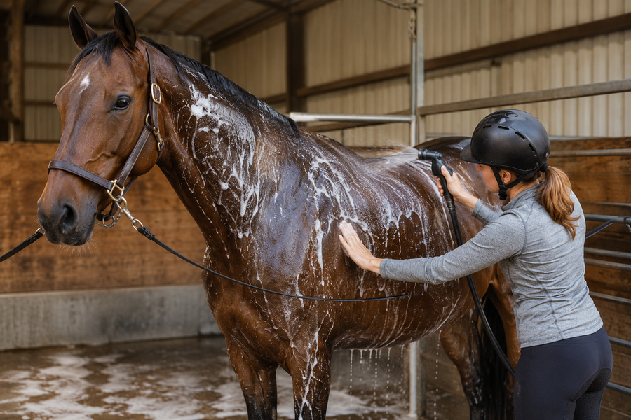 Rider bathing a horse with shampoo at a wash rack