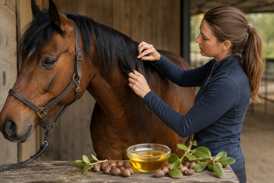 Rider grooming a horse mane beside jojoba oil and seeds