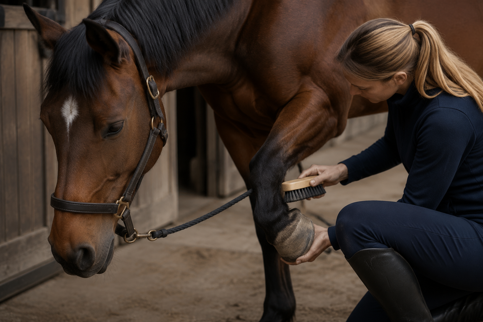 Rider cleaning and inspecting a horse hoof during grooming