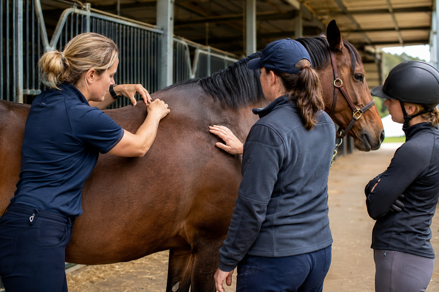 Equine professionals performing a routine horse back assessment