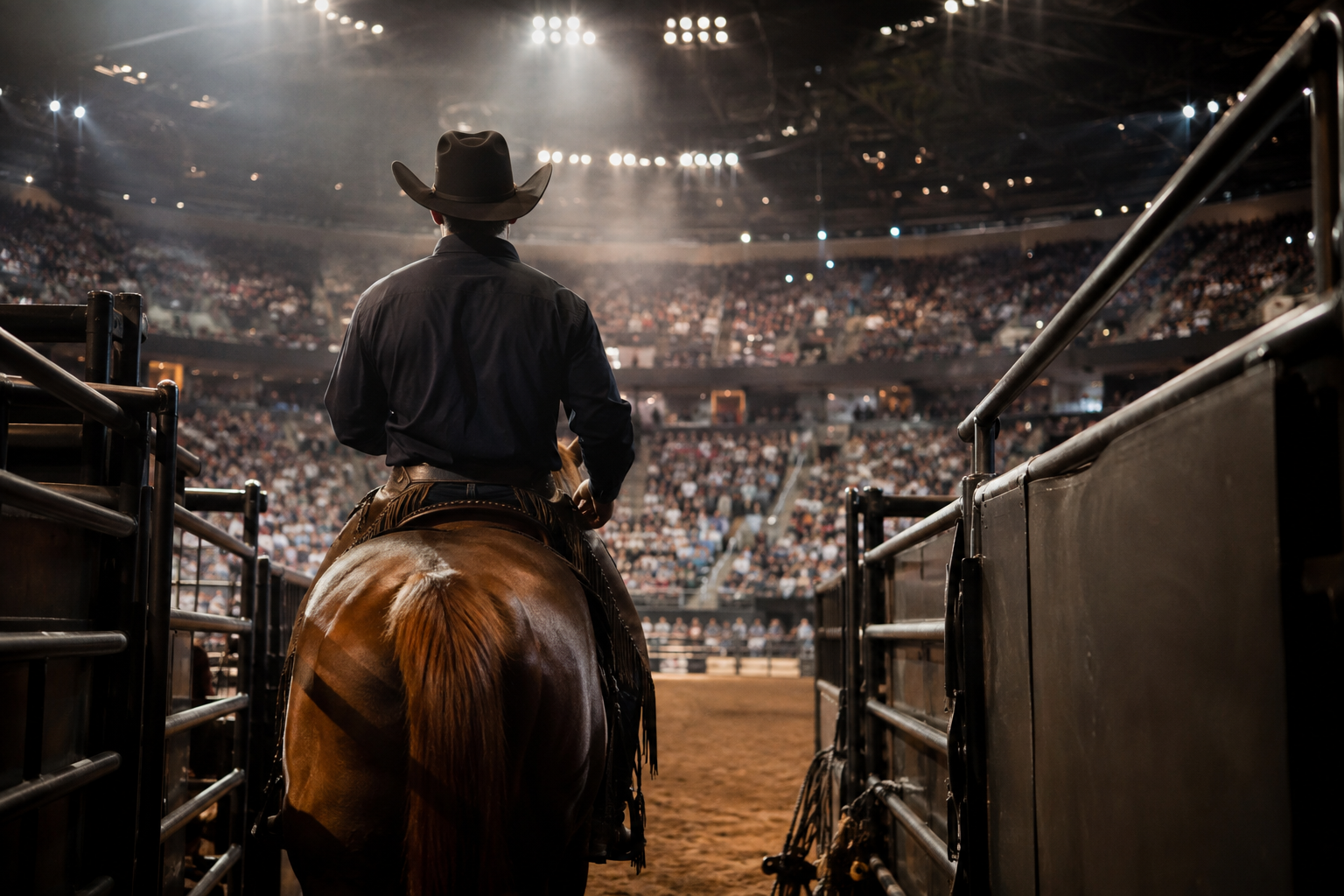 Mounted western competitor entering a championship rodeo arena