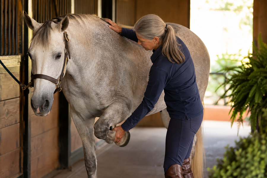 Owner performing a gentle mobility check on a senior horse