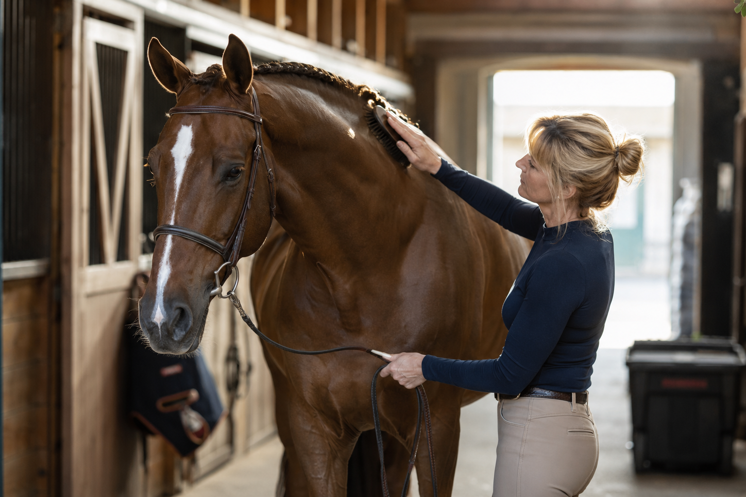 Groom giving a show horse a final coat and mane brushing