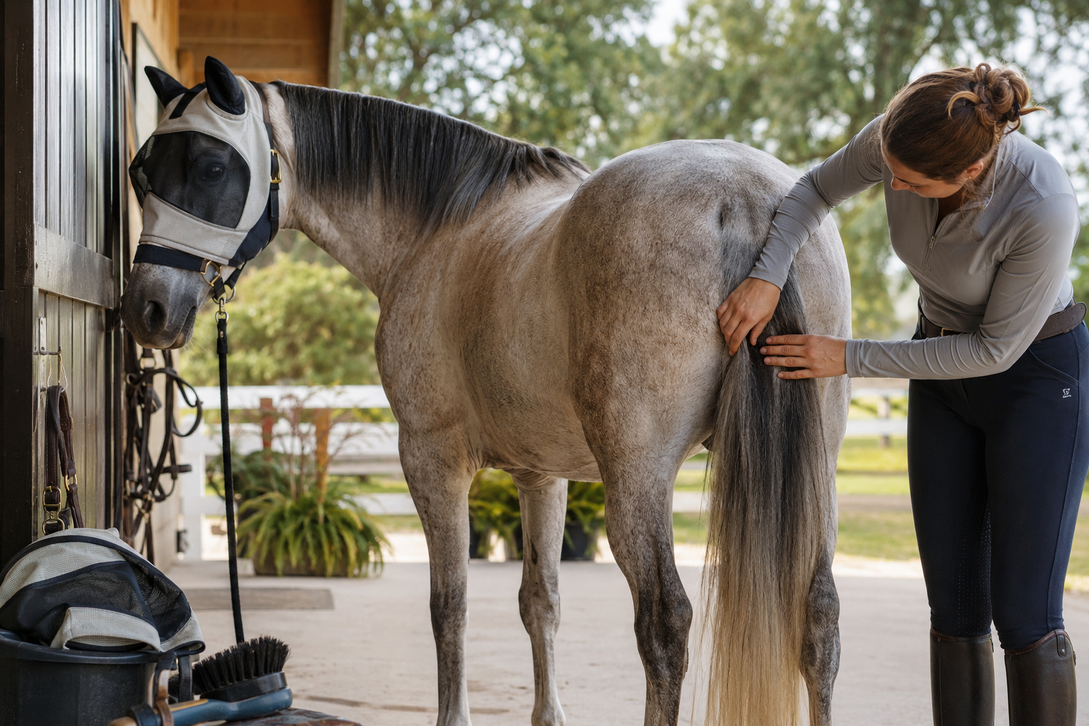 Rider checking a horse for signs of seasonal skin irritation