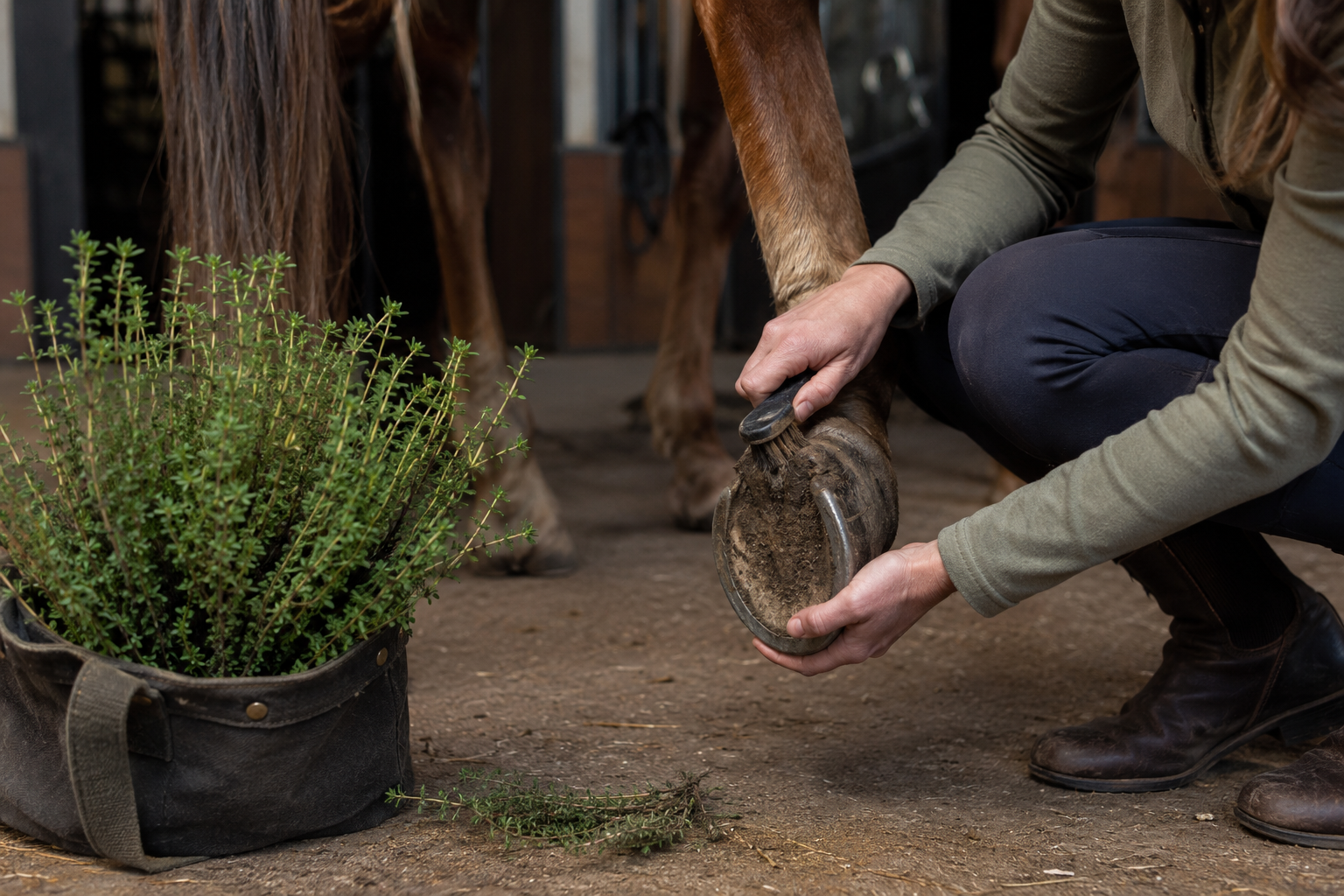 Thyme plant beside a routine horse hoof inspection