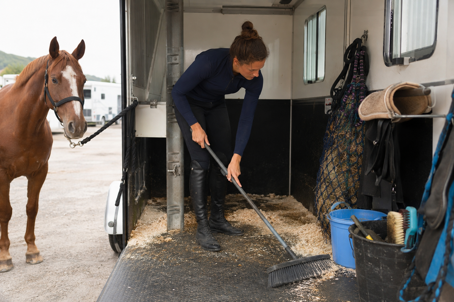Rider cleaning a horse trailer and organizing show-stall supplies