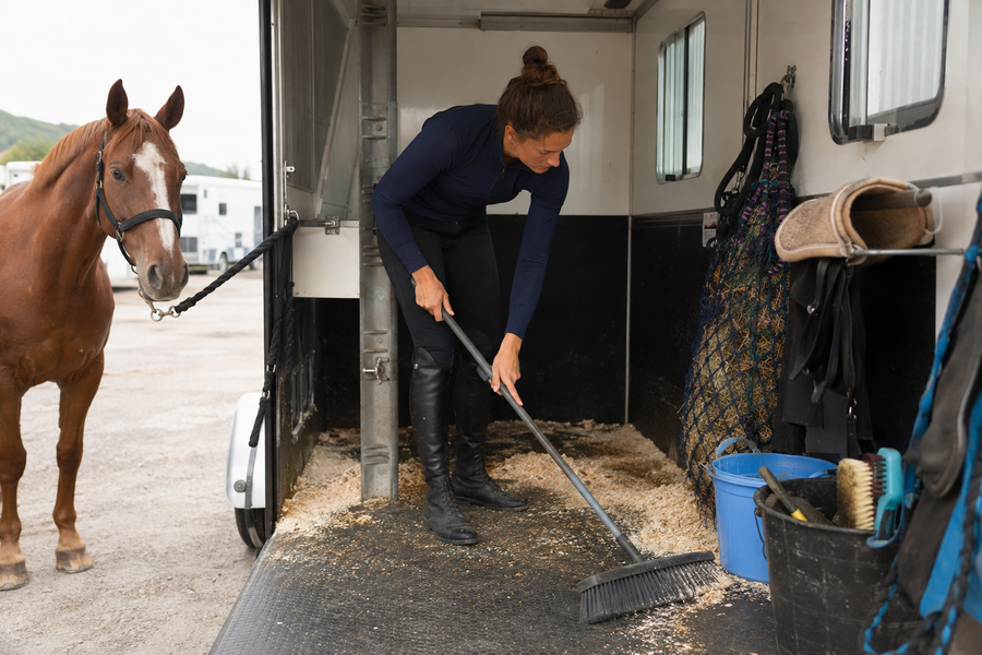 Rider cleaning a horse trailer and organizing show-stall supplies