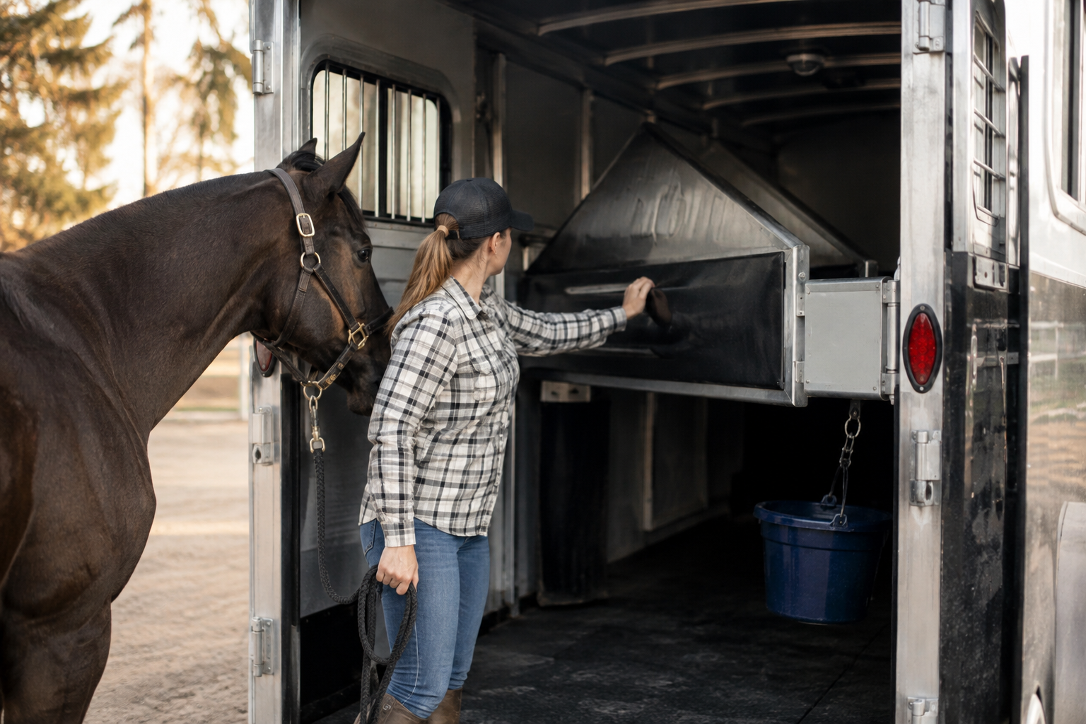 Rider checking a horse trailer before loading