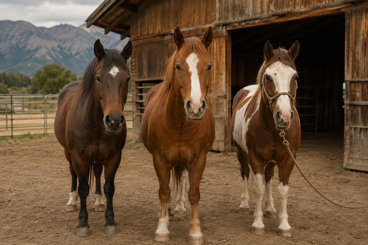 Three horses displaying different facial and leg markings